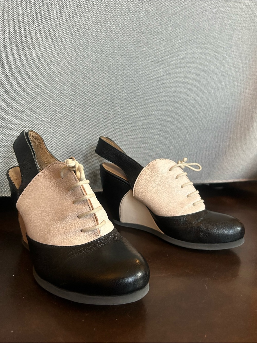 Fly London- black and white slingback oxford wedge heels- size 38